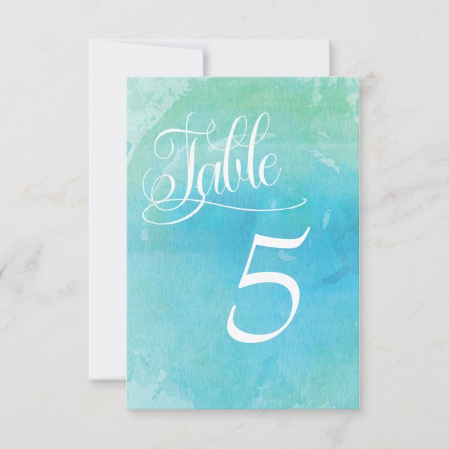 Watercolor Beach Ocean Wedding Table Number Card (Front)
