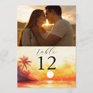 Watercolor Beach Orange Sunset Photo Table Number