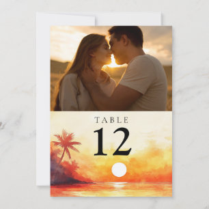 Watercolor Beach Orange Sunset Photo Table Number