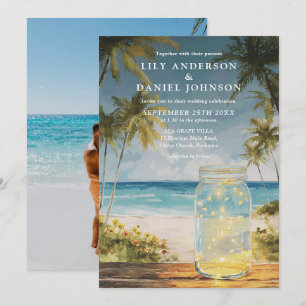 Watercolor Beach Palm Tree Mason Jar Photo Wedding Invitation