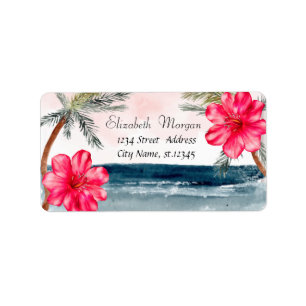 Watercolor Beach,Palms ,Hibiscus Label