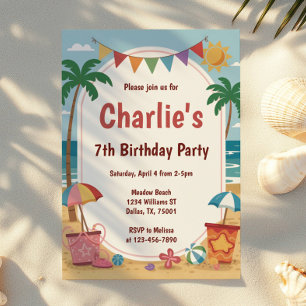 Watercolor Beach Party Kids Birthday Party Invitation