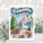 Watercolor Beach Pelican Christmas Card<br><div class="desc">Whimsical watercolor pelican Christmas card. Personalize with your own greeting text.</div>