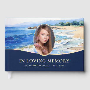 Watercolor Beach Photo Funeral Memorial Guest Book