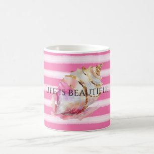 Watercolor Beach Pink Stripes Gold Shell Coffee Mug