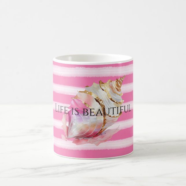 Watercolor Beach Pink Stripes Gold Shell Coffee Mug (Center)