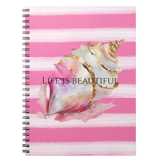 Watercolor Beach Pink Stripes Gold Shell Notebook (Front)