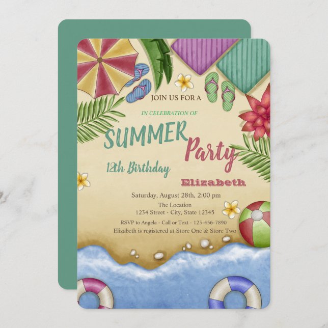 Watercolor Beach Relax Birthday Invitation (Front/Back)