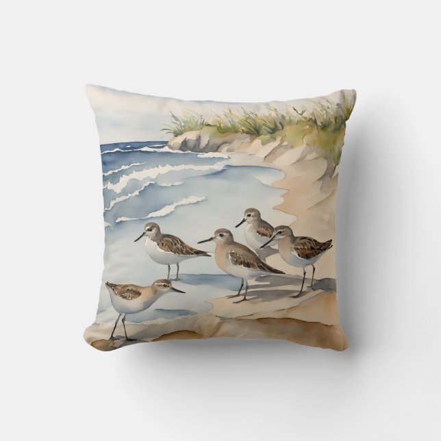 Watercolor Beach Scene Sandpipers Sea Birds Throw Pillow (Front)
