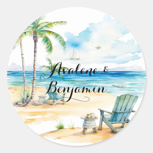 Watercolor Beach Scene Wedding Classic Round Sticker (Front)