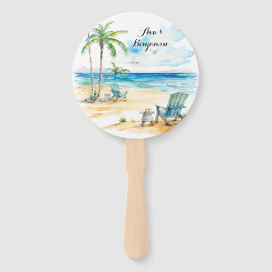 Watercolor Beach Scene Wedding Hand Fan