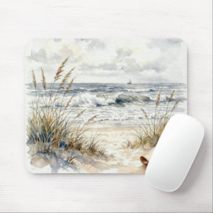 Watercolor Beach Scene with Curled Page Mouse Pad