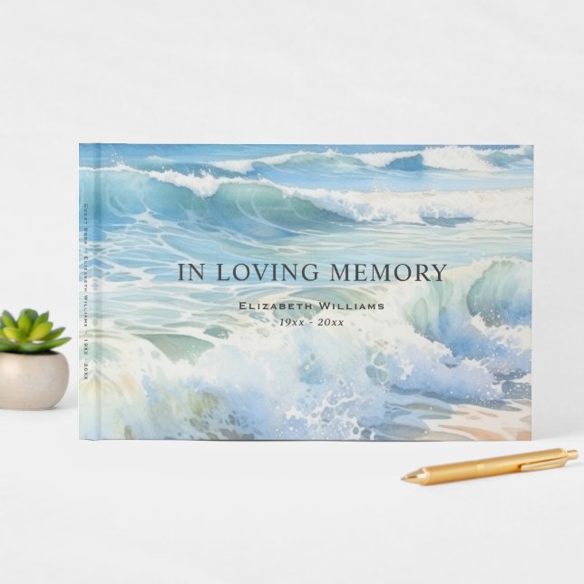 Watercolor Beach Sea Ocean Rolling Waves Funeral Guest Book (InSitu Display)