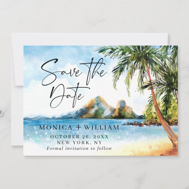 Watercolor Beach Sea Palm Tree Save the Date (Front)