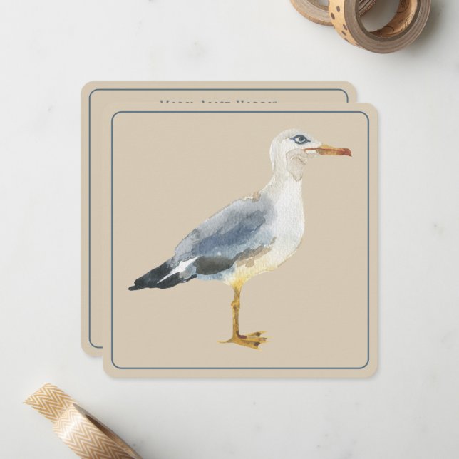Watercolor Beach Seagull Personalized Card (Front/Back In Situ)