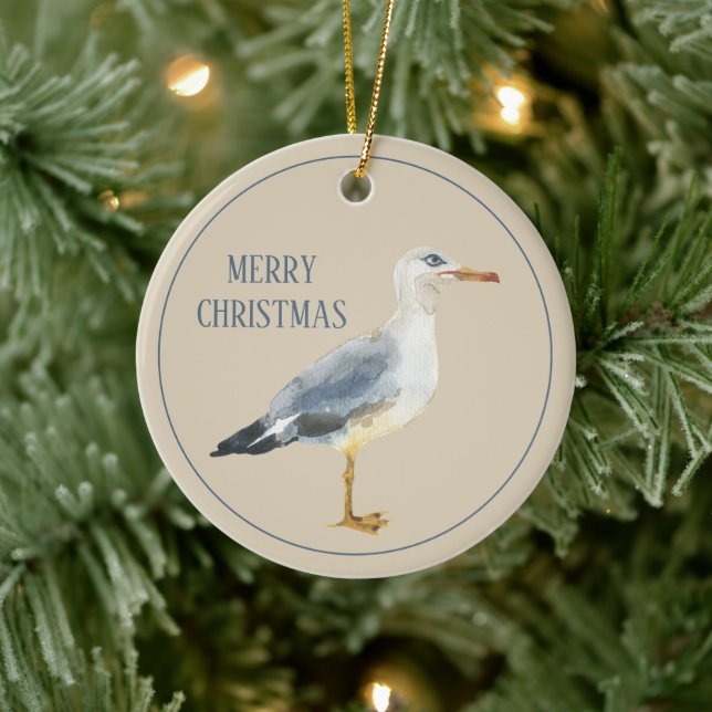 Watercolor Beach Seagull Personalized Ceramic Ornament (Tree)
