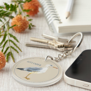 Watercolor Beach Seagull Personalized Keychain