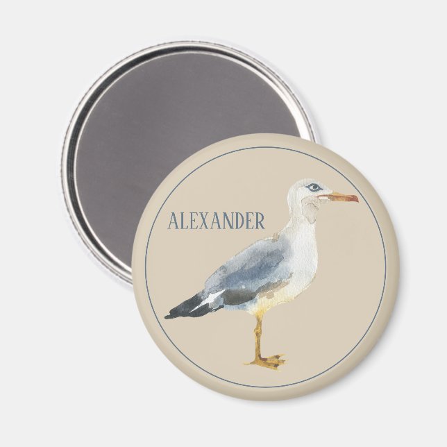 Watercolor Beach Seagull Personalized Magnet (Front/Back)