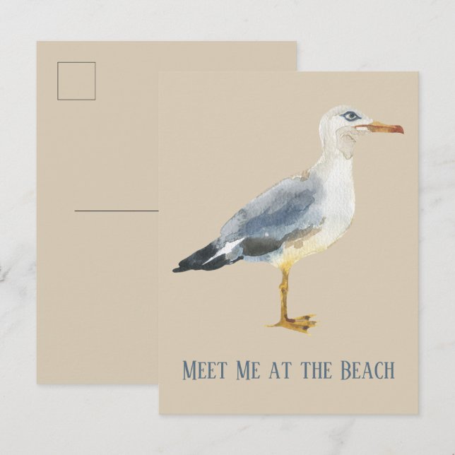 Watercolor Beach Seagull Personalized Postcard (Front/Back)