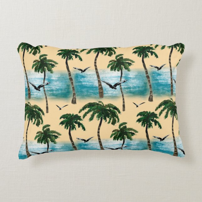 Watercolor beach seamless texture. Palms, seagull, Accent Pillow (Front)