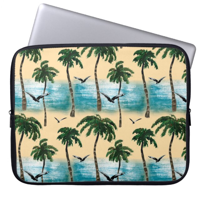 Watercolor beach seamless texture. Palms, seagull, Laptop Sleeve (Front)