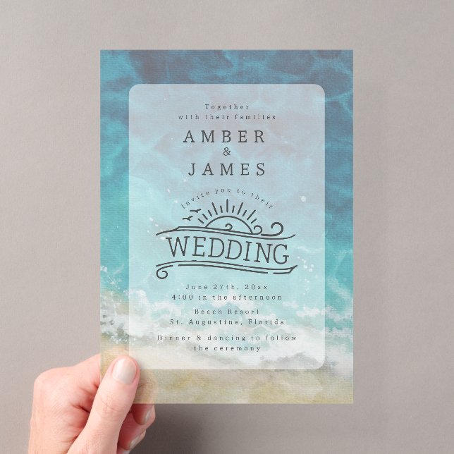 Watercolor Beach Shore Line Art Wedding Acrylic Invitations (Insitu (Handheld))