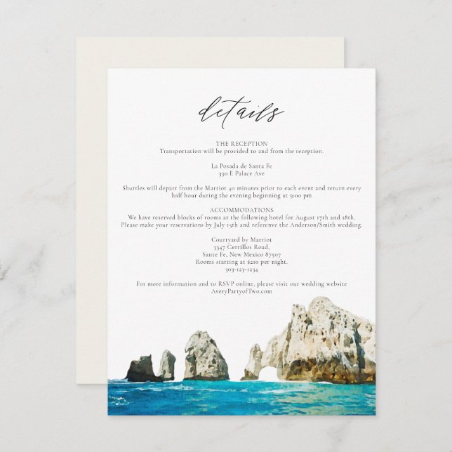 Watercolor Beach Skyline Cabo Mexico Details Card (Front/Back)