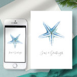 Watercolor Beach Starfish Custom Christmas Card<br><div class="desc">This beach theme Christmas card features my original hand painted watercolor starfish in shades of blue on a crisp white background. The words Seas & Greetings are set in a modern brush script typography. The inside features a solid light blue colour with your custom greeting in white. Customize the words...</div>