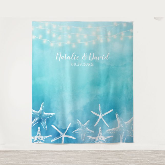 Watercolor Beach Starfish Summer Wedding Backdrops Tapestry (Front)
