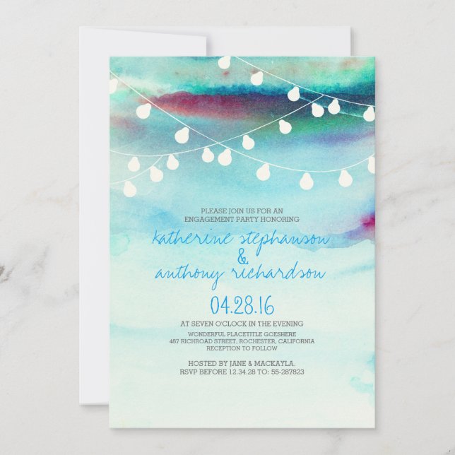 watercolor beach string lights engagement party invitation (Front)