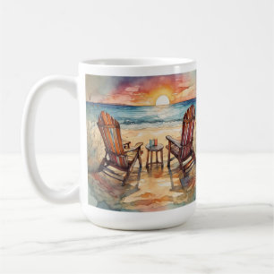 Watercolor Beach Sunset Coffee Mug, Ocean Waves Mug