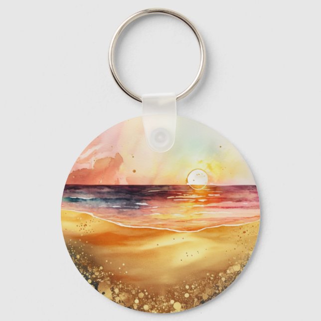 Watercolor Beach Sunset Keychain (Front)