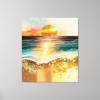 Watercolor Beach Sunset Painting with Gold Accents Canvas Print