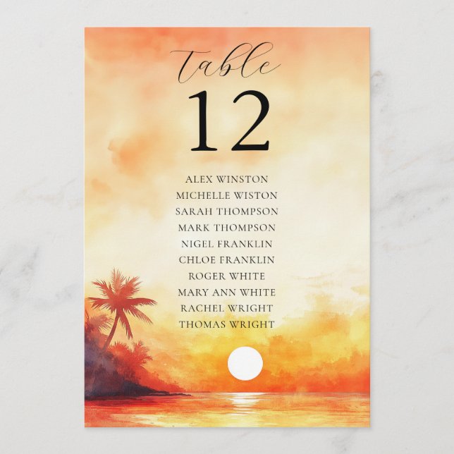 Watercolor Beach Sunset Table Number Seating Chart (Front)