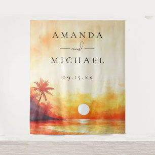 Watercolor Beach Sunset Wedding Photo Backdrop Tapestry