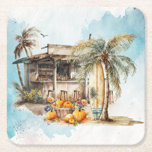 Watercolor Beach Thanksgiving Square Paper Coaster