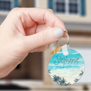 Watercolor Beach Tropical Name Monogram Keychain