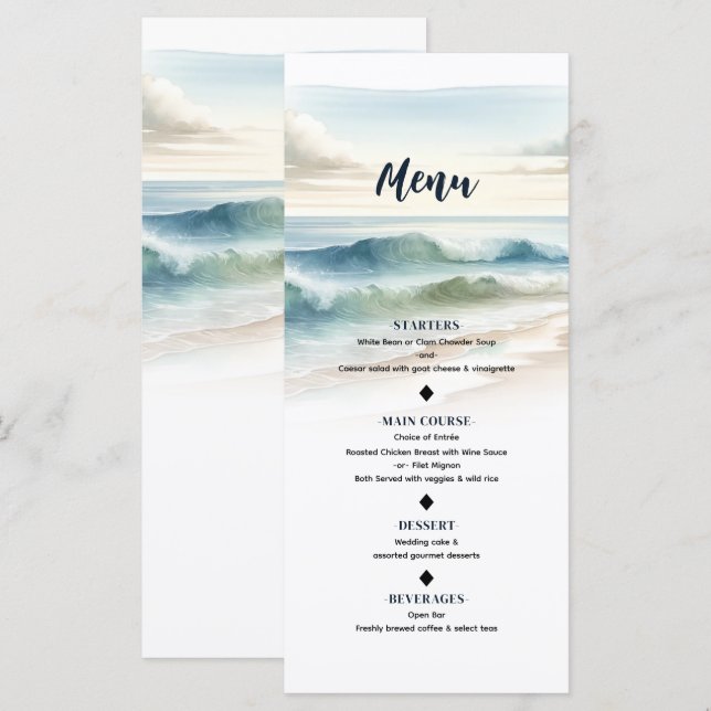 Watercolor Beach Waves Coastal Mariage Menu (Devant / Derrière)
