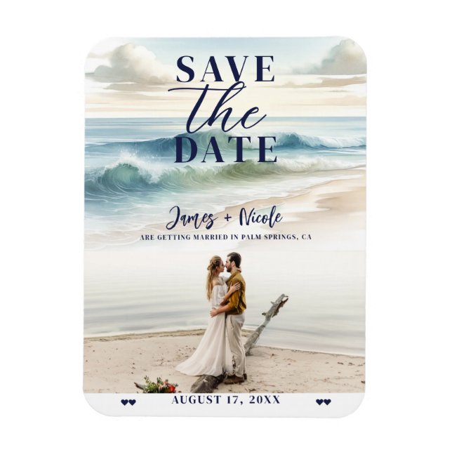 Watercolor Beach Waves Coastal Save the Date Photo Magnet (Vertical)