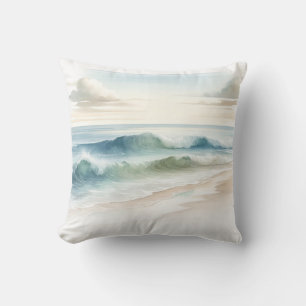Watercolor Beach Waves Rustic Coastal  Throw Pillow
