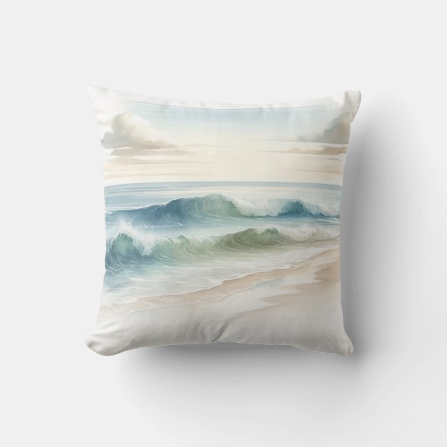 Watercolor Beach Waves Rustic Coastal  Throw Pillow (Front)