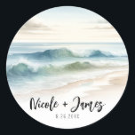 Watercolor Beach Waves Rustic Coastal Wedding Classic Round Sticker<br><div class="desc">customize with any text.</div>