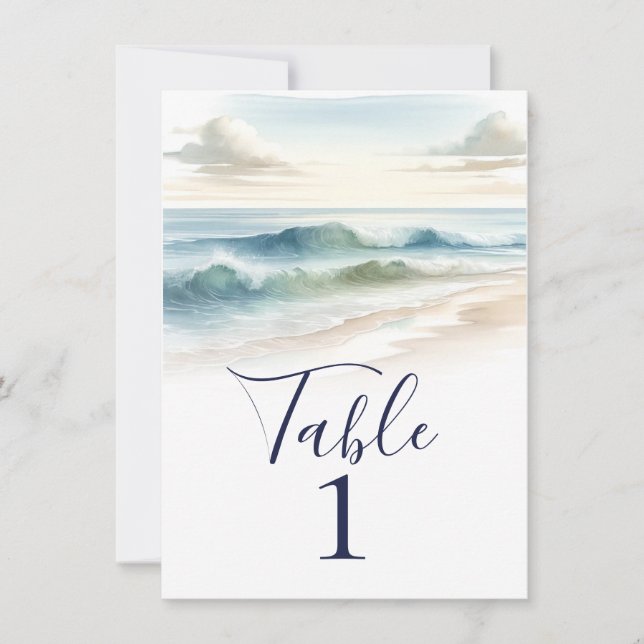 Watercolor Beach Waves Rustic Wedding Table Number (Front)