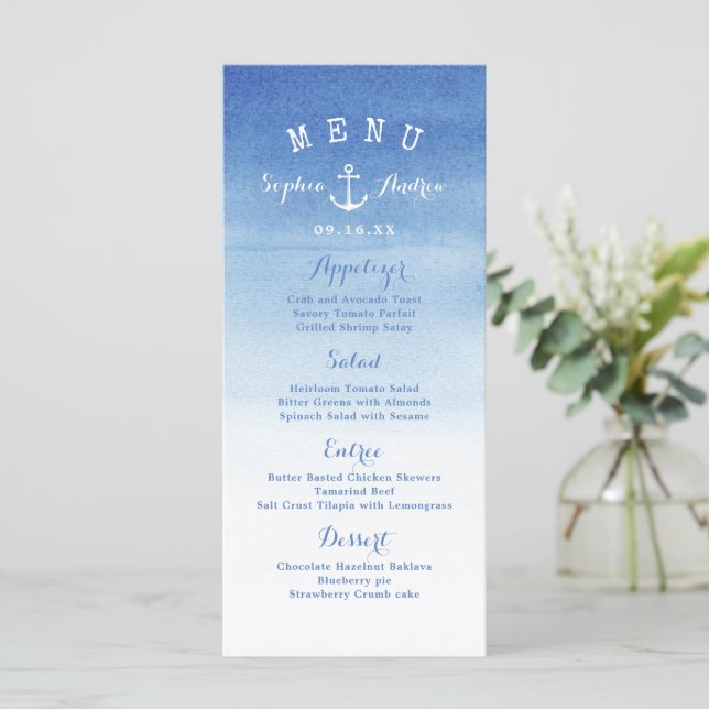 Watercolor beach wedding nautical anchor menu card (Standing Front)
