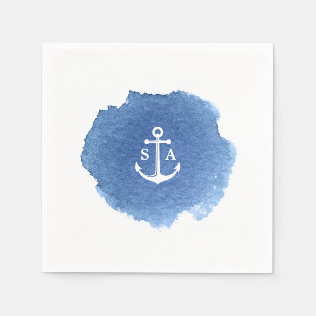 Watercolor beach wedding nautical anchor monogram napkin (Front)