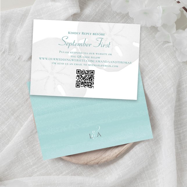 Watercolor Beach Wedding Sand Dollar RSVP Card (Beach wedding RSVP card with a scannable QR code.)