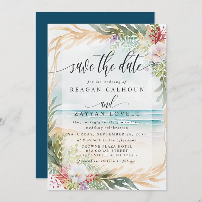 Watercolor Beach Wedding Save The Date Card (Front/Back)