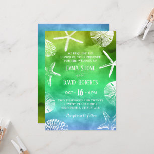 Watercolor Beach Wedding Starfish Seashell  Invitation