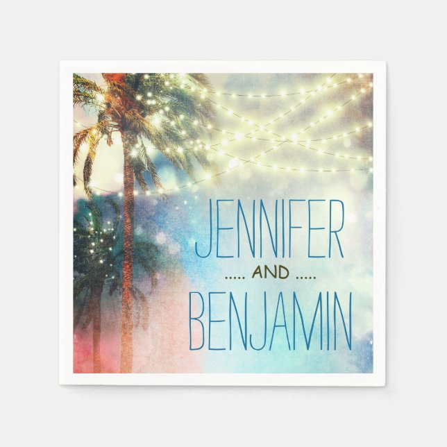 watercolor beach wedding string lights napkin (Front)