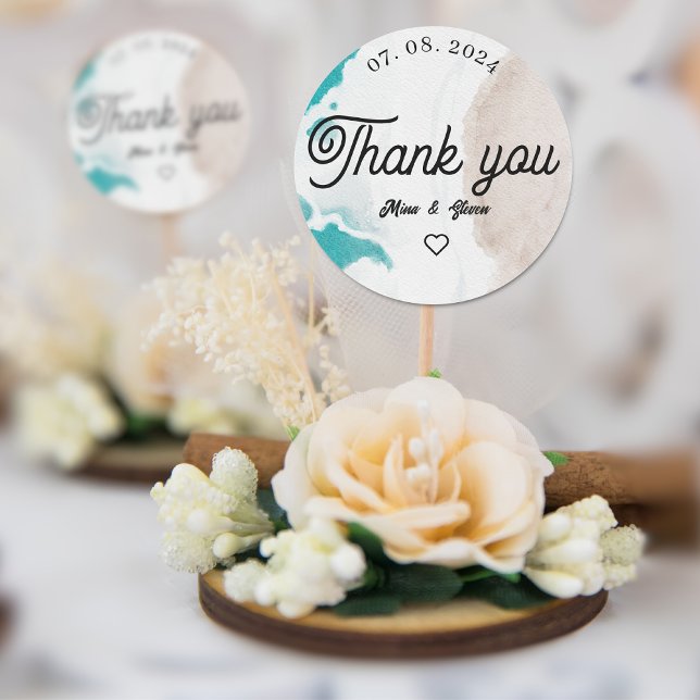 Watercolor beach wedding thank you  classic round sticker (Creator Uploaded)